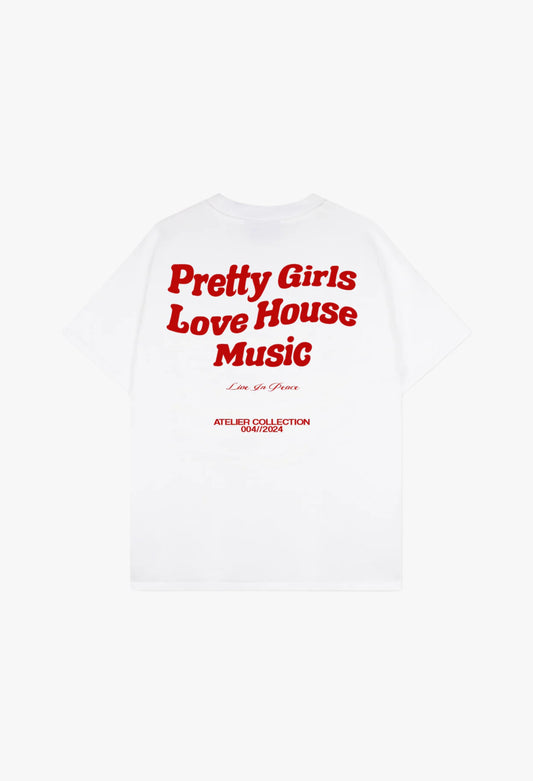 PRETTY GIRLS LOVE HOUSE MUSIC TEE RED [WHITE]